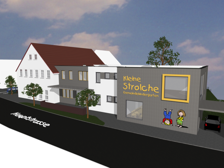 Moderne Gebäudeansicht mit buntem Schriftzug und spielenden Figuren.