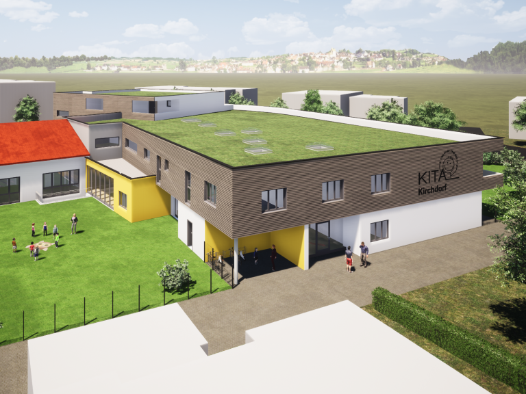 Moderne Schulgebäude mit grüner Dachfläche und Spielplatz im Vordergrund.