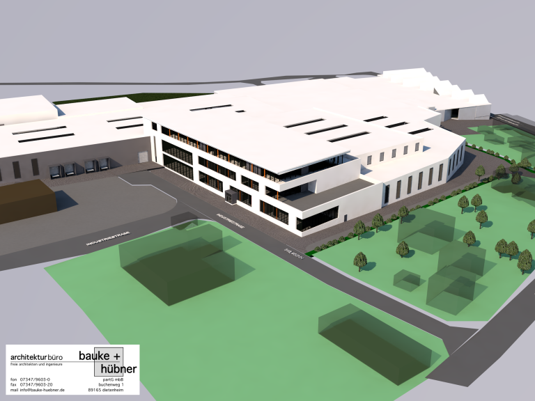 Modell eines modernen Gebäudes mit großzügigen Fensterfronten und umliegenden Landschaftselementen.
