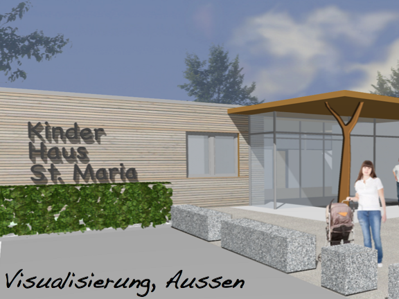Modernes Gebäude des Kinderhauses St. Maria mit Holzveranda und Umgebung.
