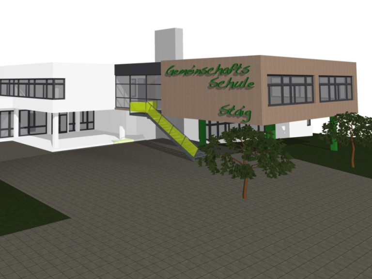 Moderne Schulgebäude mit grüner Treppe und Pflanzen vor der Fassade.