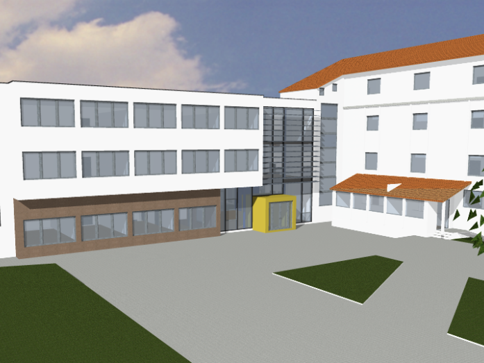 Moderne Gebäude mit Glasfront und orangefarbenem Dach in einer offenen Landschaft.